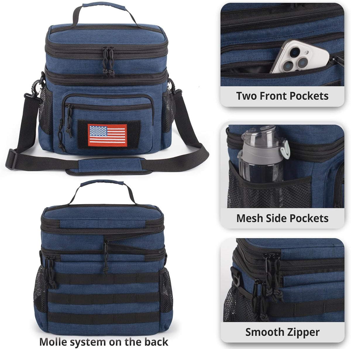ATRIPACK Lunch Bag for Men, Double Deck Tactical Lunch Box Work with Shoulder Strap MOLLE Webbing Large Lunch Cooler Leakproof Insulated （Blue）