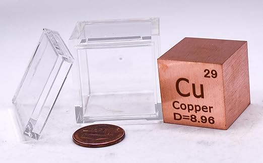 1" 25.4mm Copper Metal Cube Cu up to 99.9% Pure Periodic Table Element Engraved Density Collection Science Education Display Block Cube + Acrylic Case Box - 1PC