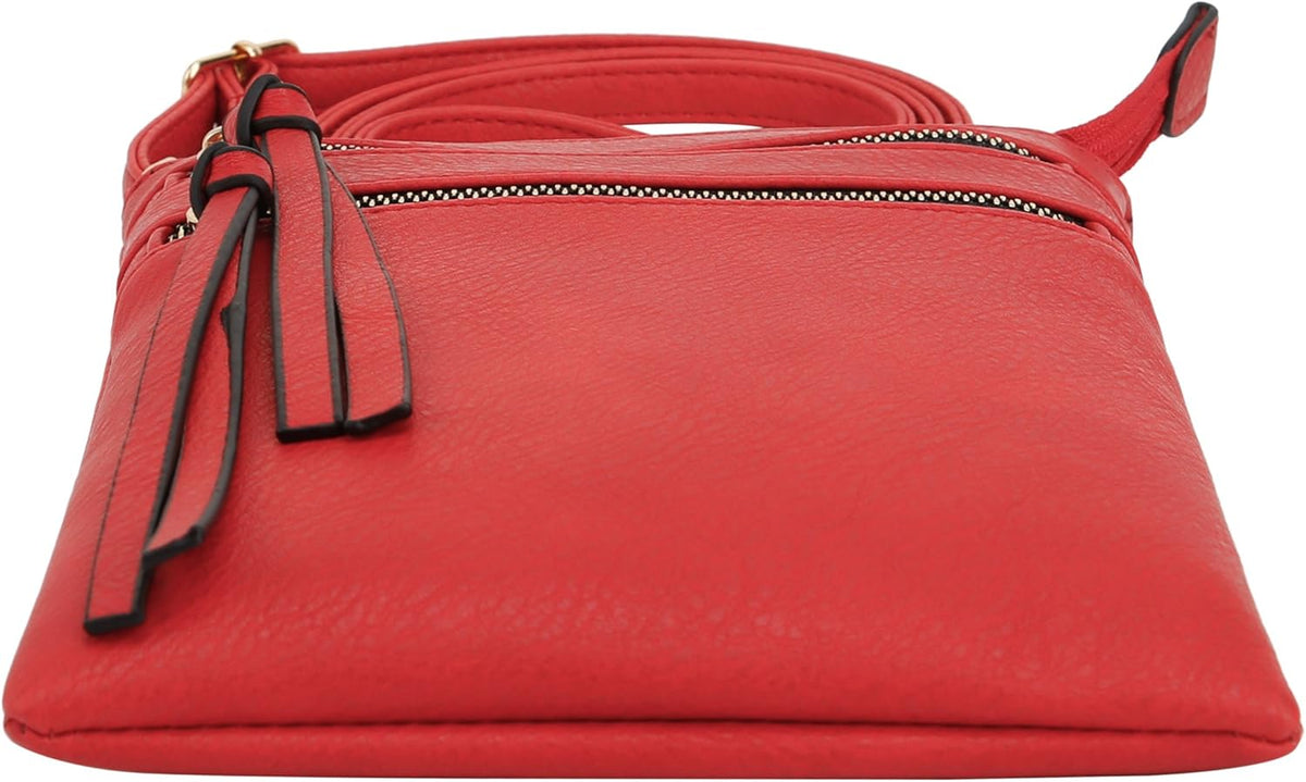 DELUXITY | Red Crossbody Bag | Women's Fashion Multi-Pocket Double Zipper Purse | Adjustable Strap | Medium Size | Perfect for Christmas