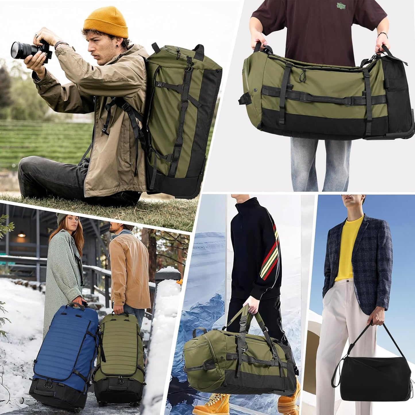 86L 30” Folding Duffle Backpack with 2 Wheels,Travel Bag with Separate Shoe Compartment,Army Green