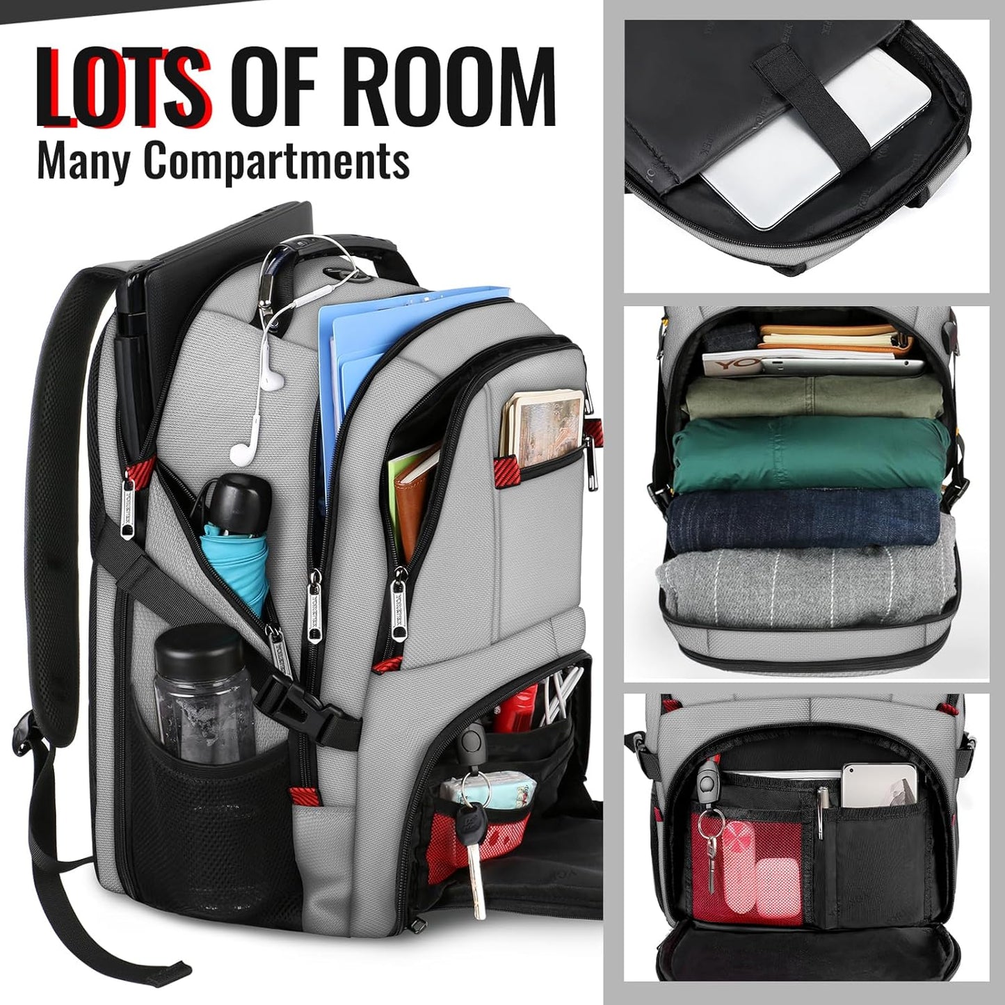 YOREPEK Travel Backpack, Extra Large 50L Laptop Backpacks for Men Women, Water Resistant College Backpack Airline Approved Business Work Bag with USB Charging Port Fits 17 Inch Computers, Light Grey