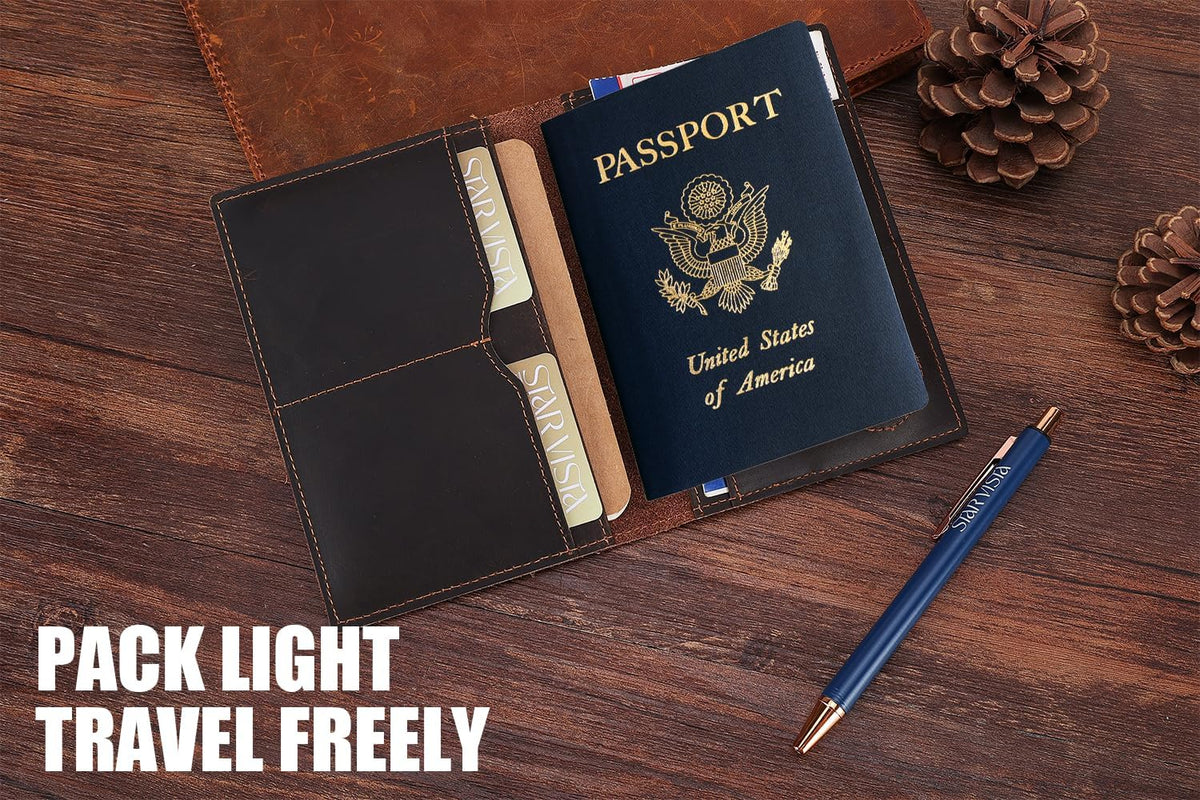 STAR VISTA Albatross Leather Travel Passport Holder, Minimalist Design, Full Grain Leather Case for Women and Men - Slim Passport Wallet, Bifold, RFID Blocking, with AirTag Holder, Dark Chocolate