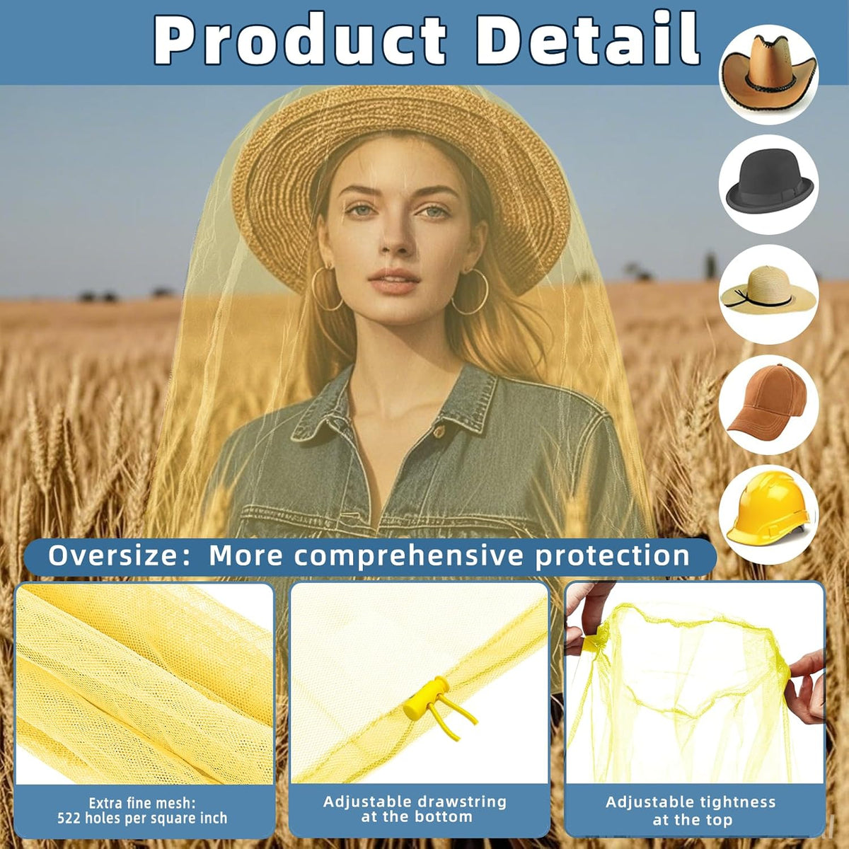 Oversized Mosquito Net 42 x 25 Inches Ultra Large Mosquito Head Net Face Neck Fly Mesh Netting Fits All Hats for Outdoor Camping Hiking Fishing Gardening Safari(Yellow)