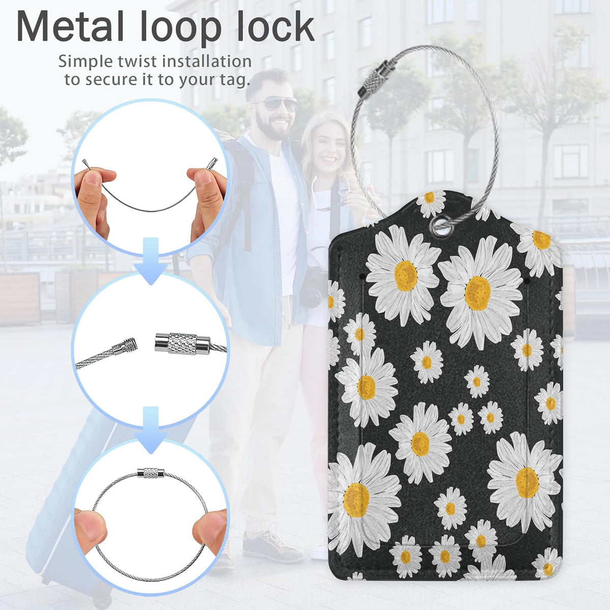 Daisies Luggage Tags,2 Pack Luggage Tag,Leather Privacy Cover ID Label with Stainless Steel Loop for Women Men Kids Girls Travel
