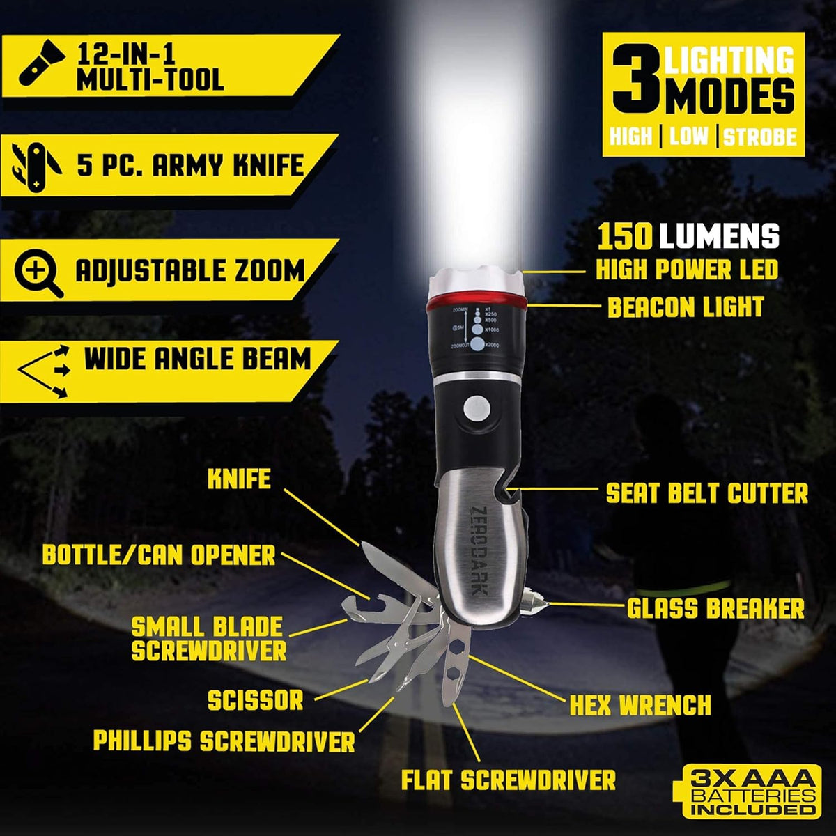 ZeroDark Pocket Knife Flashlight Multitool Emergency Car Kit with Car Window Breaker Seatbelt Cutter - 10-in-1 Car Escape Tool with Swiss Army Knife, Batteries Included