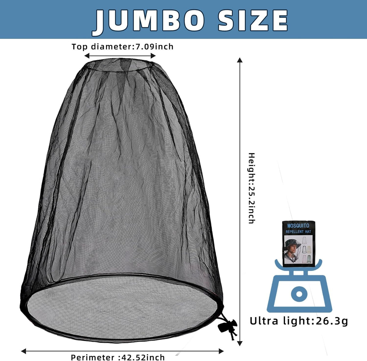 Oversized Mosquito Net 42 x 25 Inches Ultra Large Mosquito Head Net Face Neck Fly Mesh Netting Fits All Hats for Outdoor Camping Hiking Fishing Gardening Safari(Black)