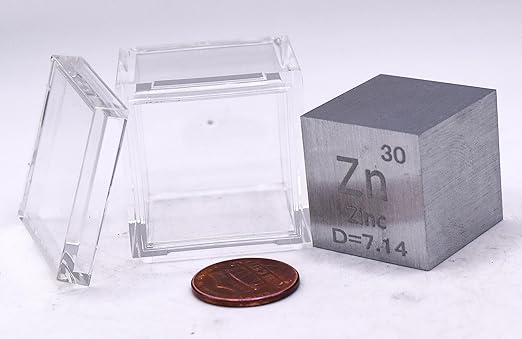 1" 25.4mm Zinc Metal Cube Zn up to 99.9% Pure Periodic Table Element Engraved Density Collection Science Education Display Block Cube + Acrylic Case Box - 1PC