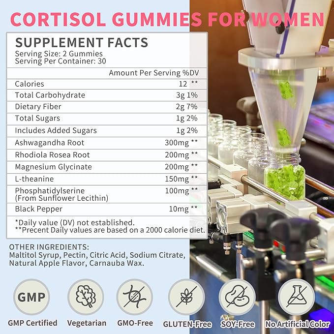 (2 Pack) Cortisol Gummies for Women,Cortisol Manager with Ashwagandha,Magnesium,L-theanine,Phosphatidylserine,Rhodiola Rosea,Black Pepper for Mood Support,Sleep,Apple Flavor,60 Day Supply