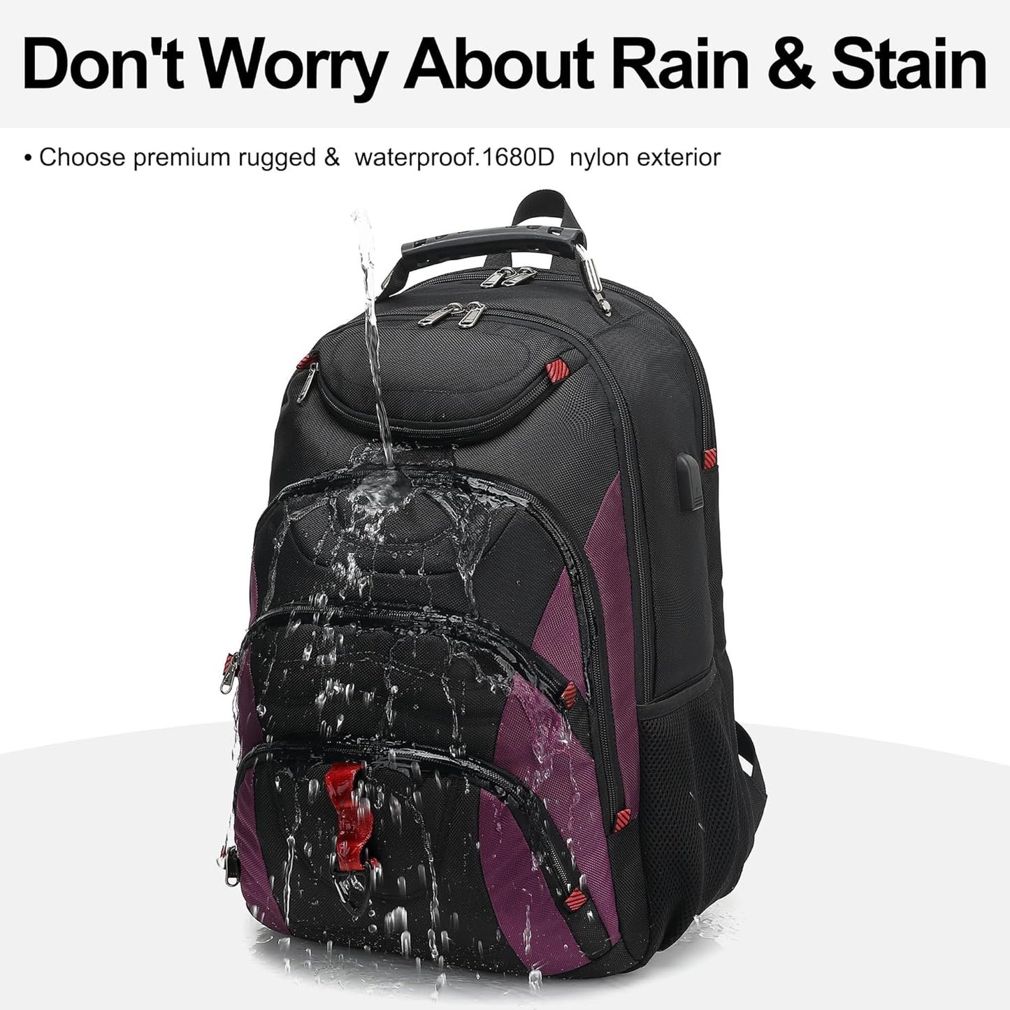 Boavan Laptop Backpack for men, 17.3 inch Laptop Bag with USB Port, Waterproof Travel Work Backpack Purse, Anti-Theft Teacher Nurse Doctor Casual Bookbags Office Business backpack，Black& Purple