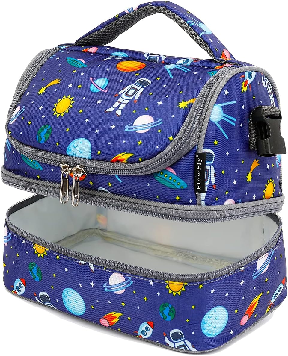 FlowFly Kids Double Decker Cooler Insulated Lunch Bag Large Tote for Boys, Girls, Men, Women, With Adjustable Strap, Astronaut