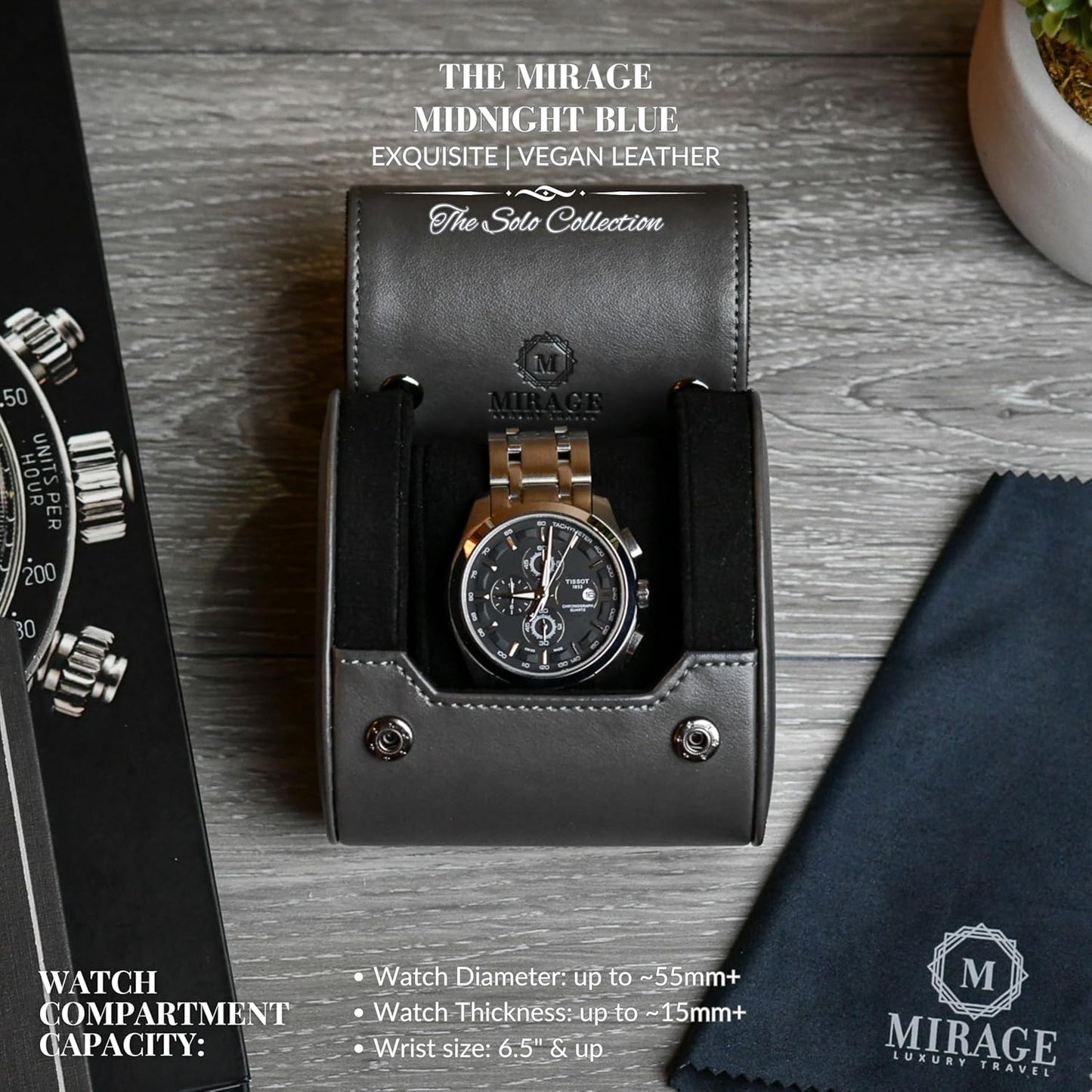 Single Watch Roll Case Watch Travel Case Box 1 Watch Display Case Slate Gray Swiss Motif Design Vegan Leather