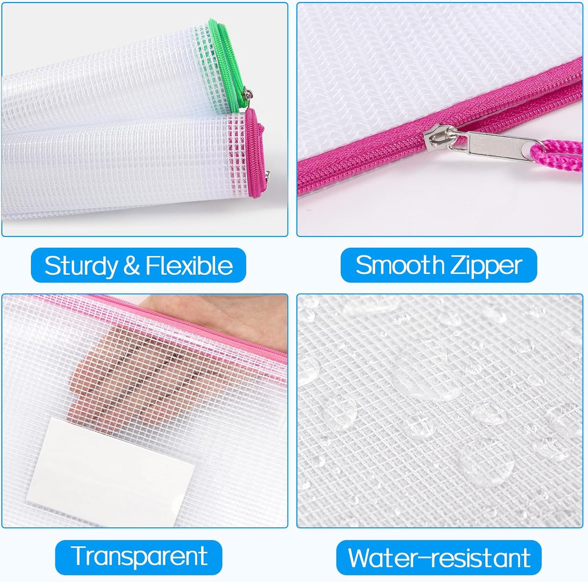 Sooez 32 Pack Mesh Zipper Pouch Bags, A4 Letter Size, Zipper Bags with Label Pocket, Waterproof Pouches for Classroom Organization, Board Game Storage, Document Bag for Teacher School Office Supplies