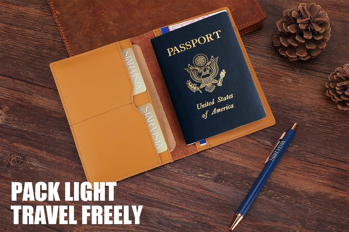 STAR VISTA Albatross Leather Travel Passport Holder, Minimalist Design, Calfskin Leather Case for Women and Men - Slim Passport Wallet, Bifold, RFID Blocking, Honey