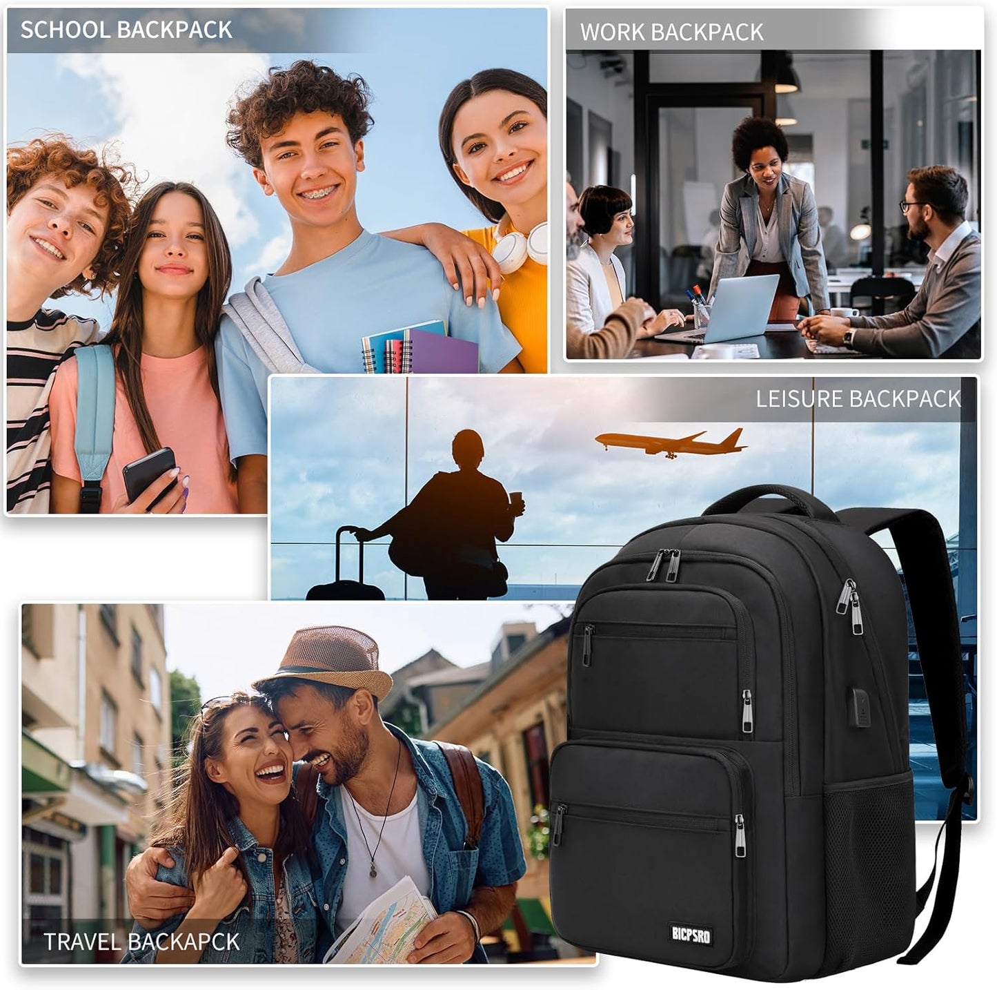 Black Backpack for Men Women, 15.6 inch Laptop Backpack for School, School Backpack for Boys Girls Teens, College Book Bag with USB Port, Water Resistant Bookbag, Business Work Travel