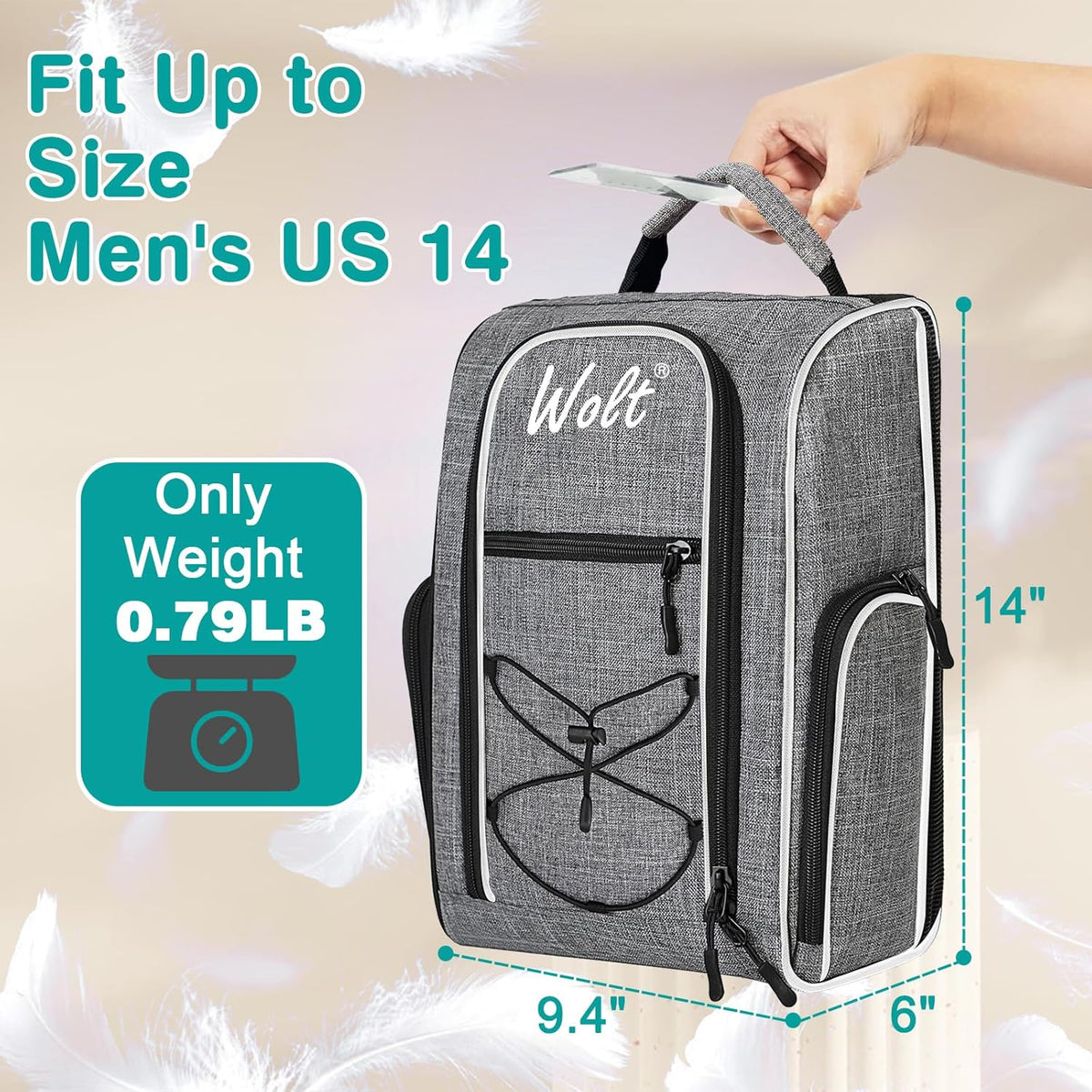 Wolt Golf Shoe Bag - Sports & Travel Shoes Carrier Bags with Ventilation & Double Outside Accessory Pocket for Socks, Tees, Golf Balls, etc. for women and men (Grey)