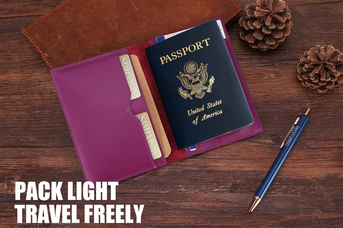 STAR VISTA Albatross Leather Travel Passport Holder, Minimalist Design, Calfskin Leather Case for Women and Men - Slim Passport Wallet, Bifold, RFID Blocking, with AirTag Holder, Violet