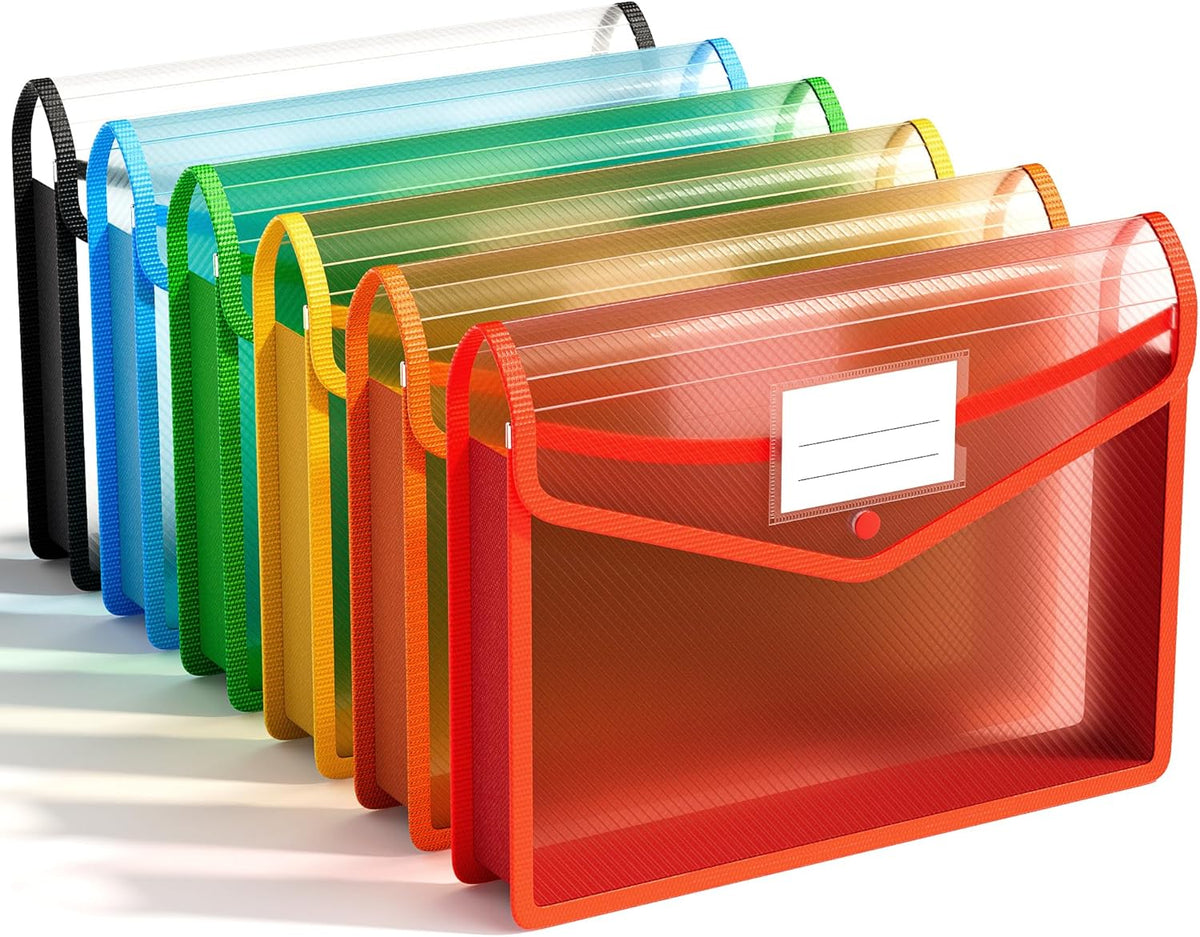 ABC life 6 Pack Plastic Expanding File Folder, Folders for Documents with Snap Closure, Colorful File Folder Organizer Holder, Transparent Accordion File Pouch,Large Capacity, Fit Letter/A4 Size