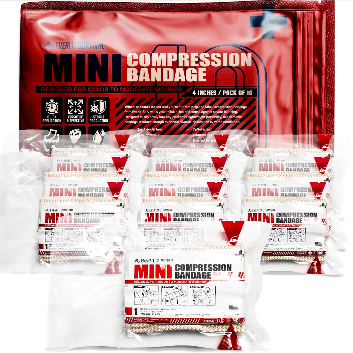 EVERLIT Mini 4 x 6 Inch Emergency Bandage Compression Trauma Pressure Wound Dressing Sterile Vacuum-Sealed for Bleeding Control, Gun Shot, Medical Kit, First Aid IFAK (10)