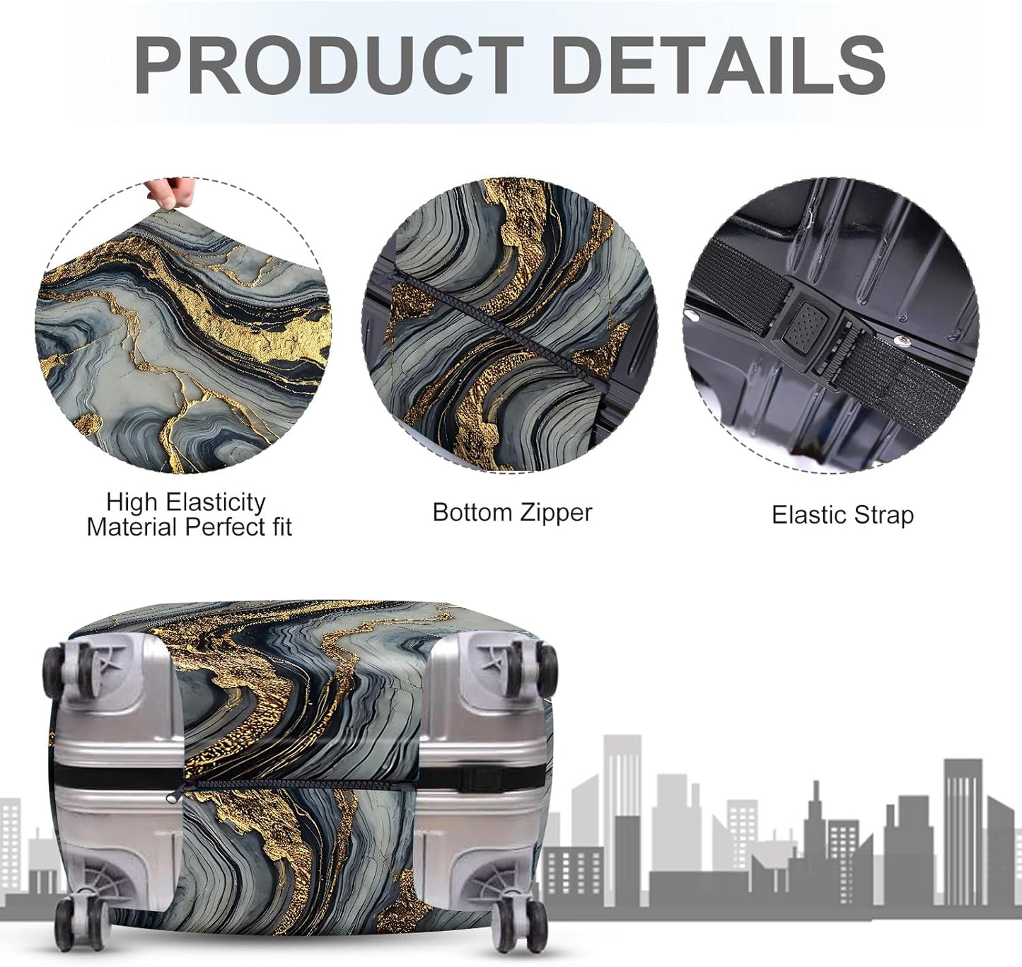 ANNA QUEEN Luxury Marble Gold Luggage Cover, Elegant Black & Grey Suitcase Protector with Faux Gold Vein Design, Stretchable, Washable Spandex Cover for 24-26 Inch Luggage