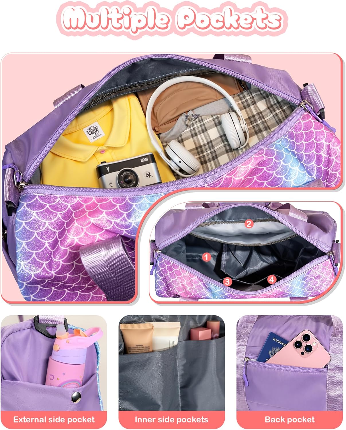 Gifts for 4 5 6 7 8 9 10 Year Old Girls-Girl Gym Bag with Shoe Compartment, Kid Personalized Weekender Overnight Bags, Initial Travel Tote with Makeup Pouch, Gift for Daughter (Letter G)