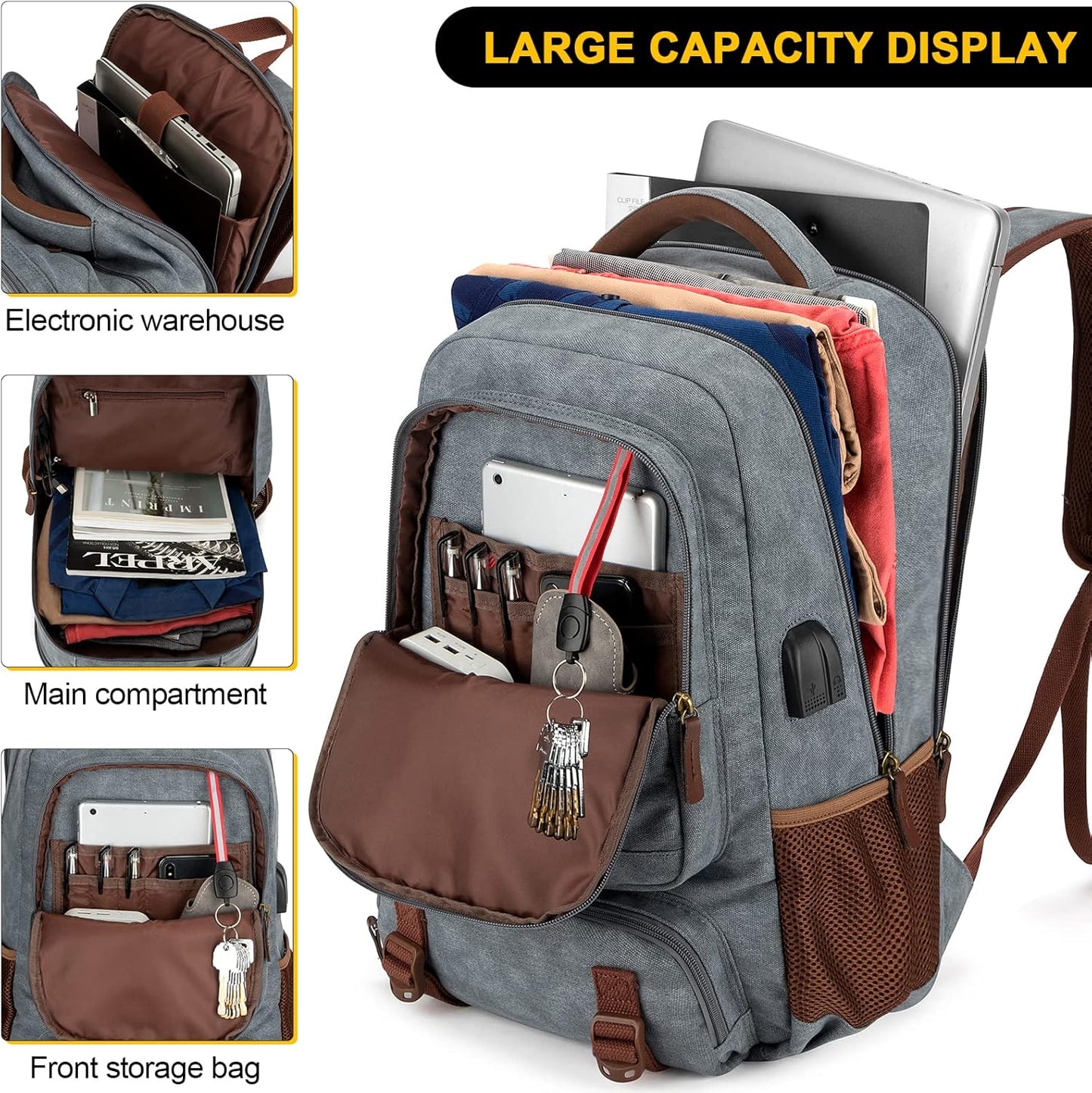 Tzowla Canvas Laptop Backpack, Bag for Men Women,Travel Work Rucksack Fits 15.6 Inch Laptop, Bookbag with USB Charging Port