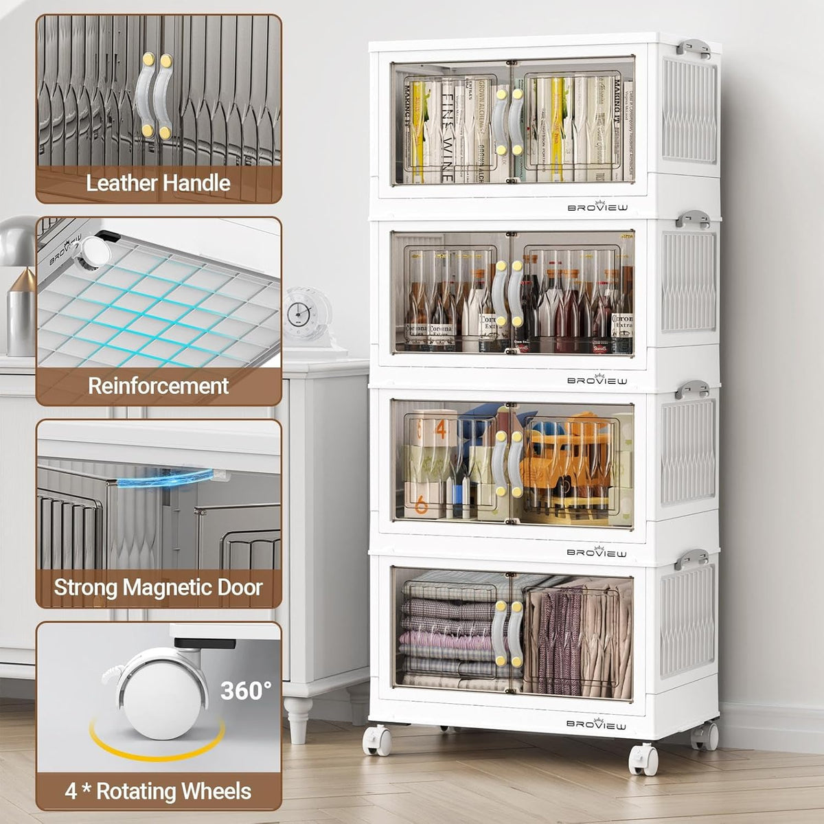BROVIEW 135Qt Stackable Storage Bins with Lid, Extra Large Closet Organizer Collapsible Drawer Boxes with Wheels, Folding Plastic Cabinet Containers for Home Kitchen Room Organization, 3Pack White