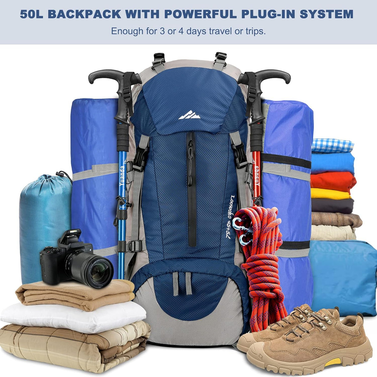 Loowoko 50L Hiking Backpack, Waterproof Camping Essentials Bag with Rain Cover, 45+5 Liter Lightweight Backpacking Back Pack