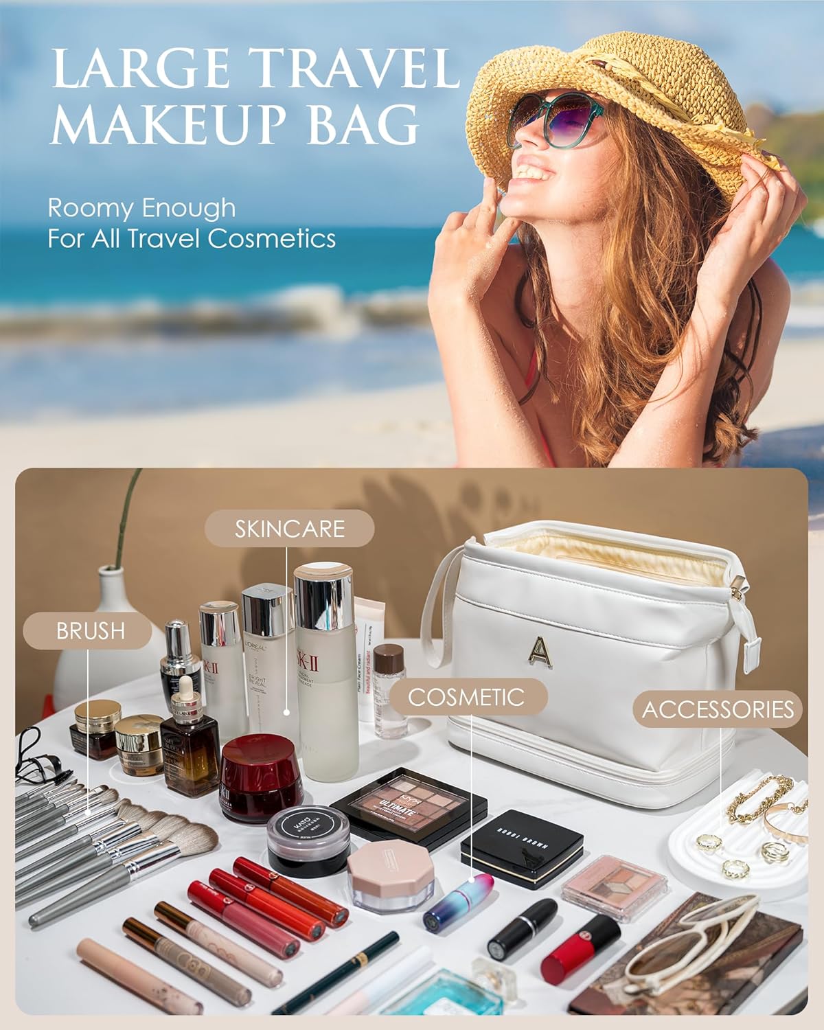 Birthday Gifts for Women, Initial Makeup Bags for Teens Girls, Double Layer Cosmetic Bag with Makeup Brush Organizer, Travel Toiletry Bag, Maid of Honor Gifts-Travel Gift For Female