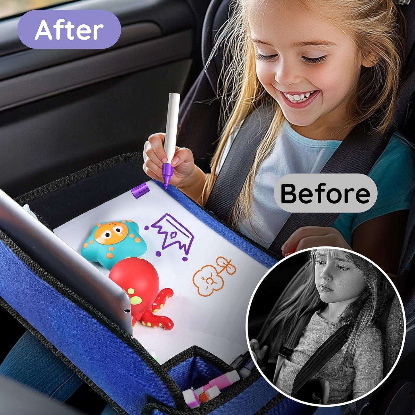 Kids Travel Tray, Kids Travel Trays for Car Seat, Road Trip Essentials for Toddler, Carseat Lap Tray with Dry Erase Board & Storage Organizer for Road Trip Activities for Kid, Blue