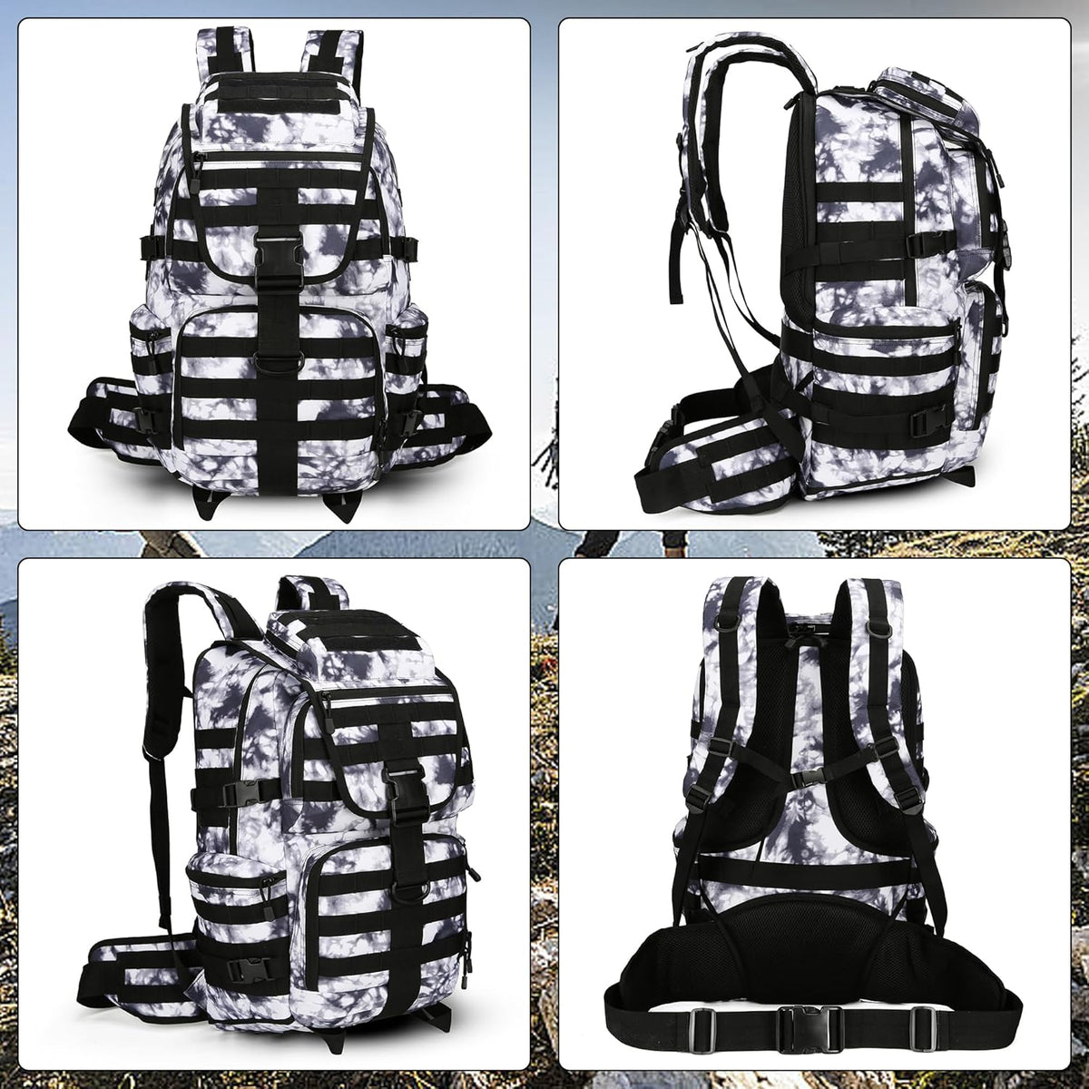 50L Military Tactical Backpack Hiking Waterproof Backpack Large Military Pack 3 Day Assault Pack Molle Bag Rucksack (White Camo)