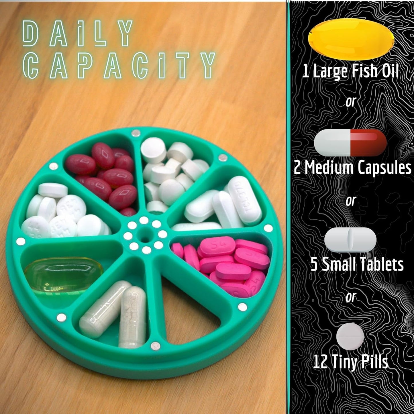 Travel RX Pill Case by Type Two Labs – Weekly 7 Day Pill Box, Compact Magnetic Organizer for Pills fits Purses or Pockets, Rugged Daily Caddy Holds Vitamins, Supplements and Medication. (Peach)