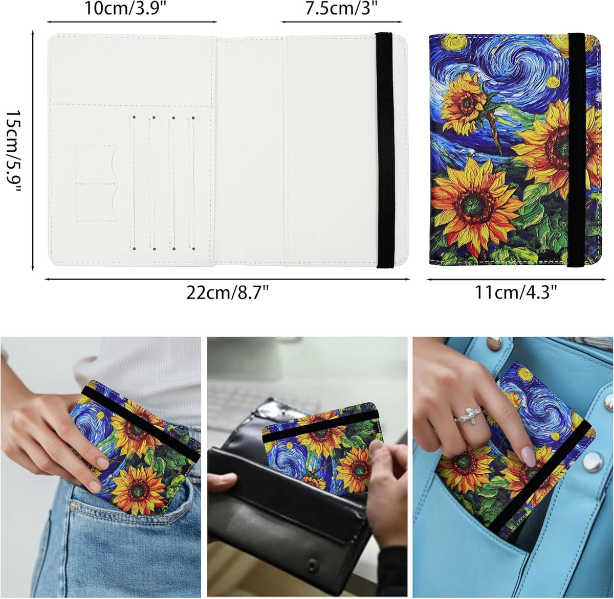 Passport Holder for Women and Men PU Leather Passport Cover for Travel (Sunflower)