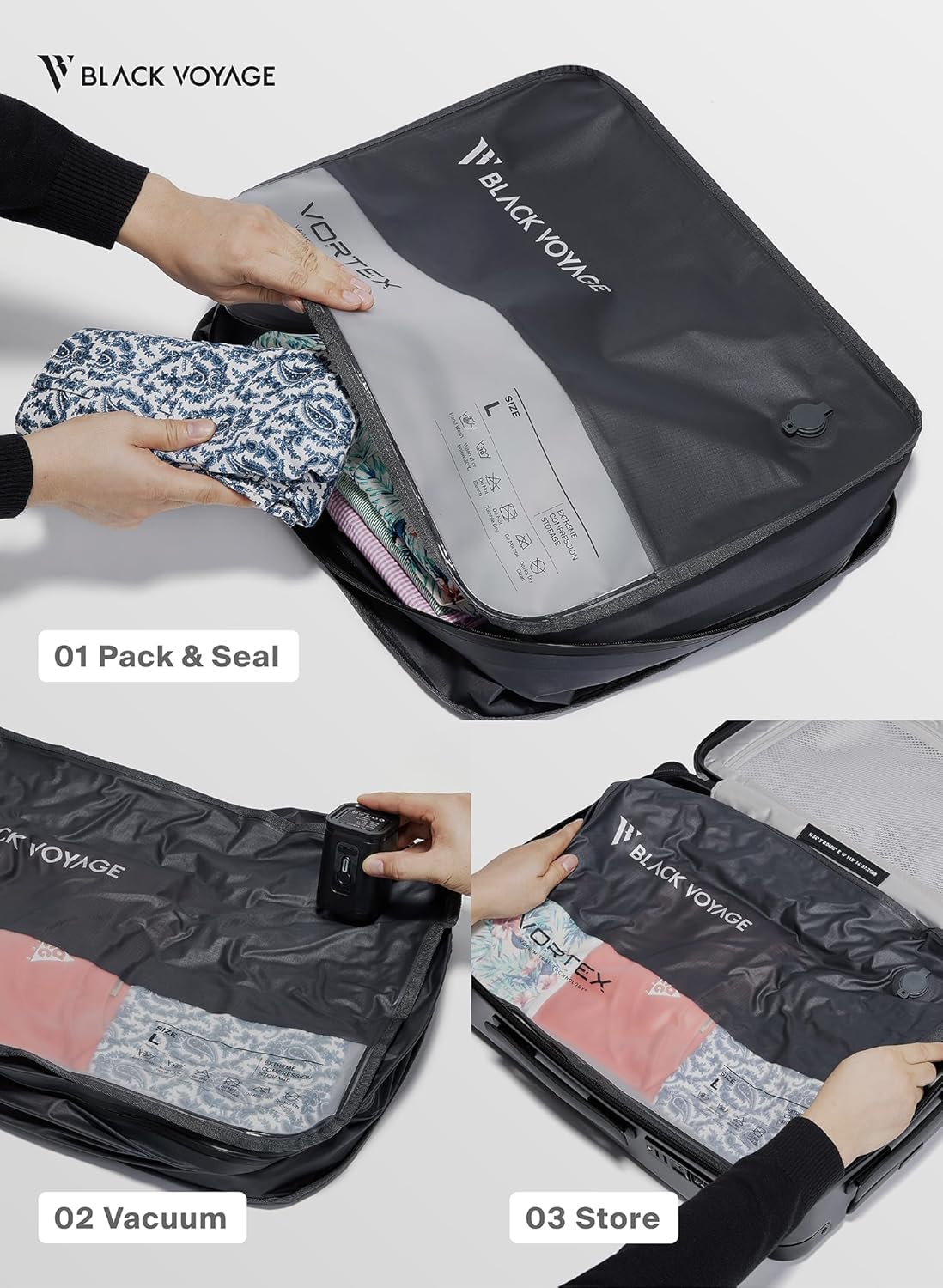 Black Voyage Reusable Vacuum Compression Travel Bag for Carry-On Suitcase and Backpack, Recycled IP67 Waterproof Space Saver Vacpack (2-Pack, 41L - No Pump)