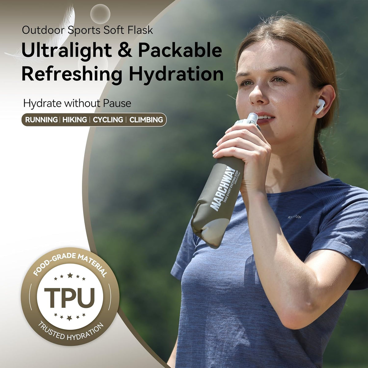 MARCHWAY Soft Hydration Flask with Wide Mouth, 300ml/500ml Collapsible TPU Water Bottle, Leakproof Portable Flexible for Running, Hiking, Cycling, Climbing, Gym, Travel (2pcs Grey 300ml)