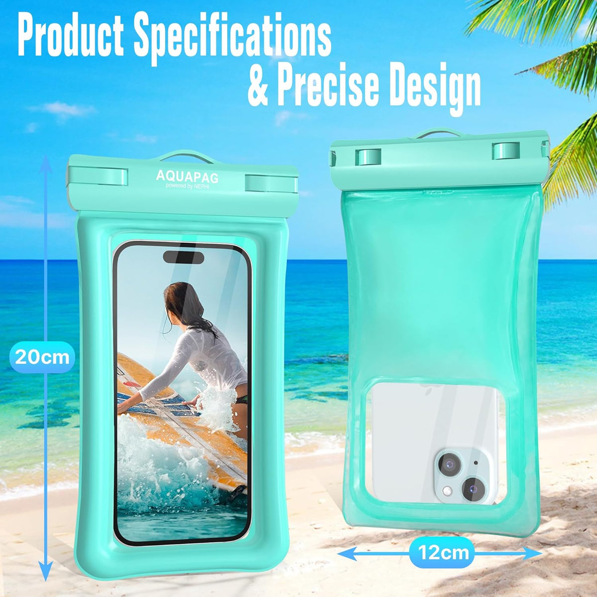 NEPHI IP68 Waterproof Phone Pouch 2 Pack-Up to 8.0"，Adjustable Neck Lanyard Floating Waterproof Phone Case for iPhone,Phone Dry Bags for Vacation Beach Pool Travel Essentials (Aqua Green white 4 pack)