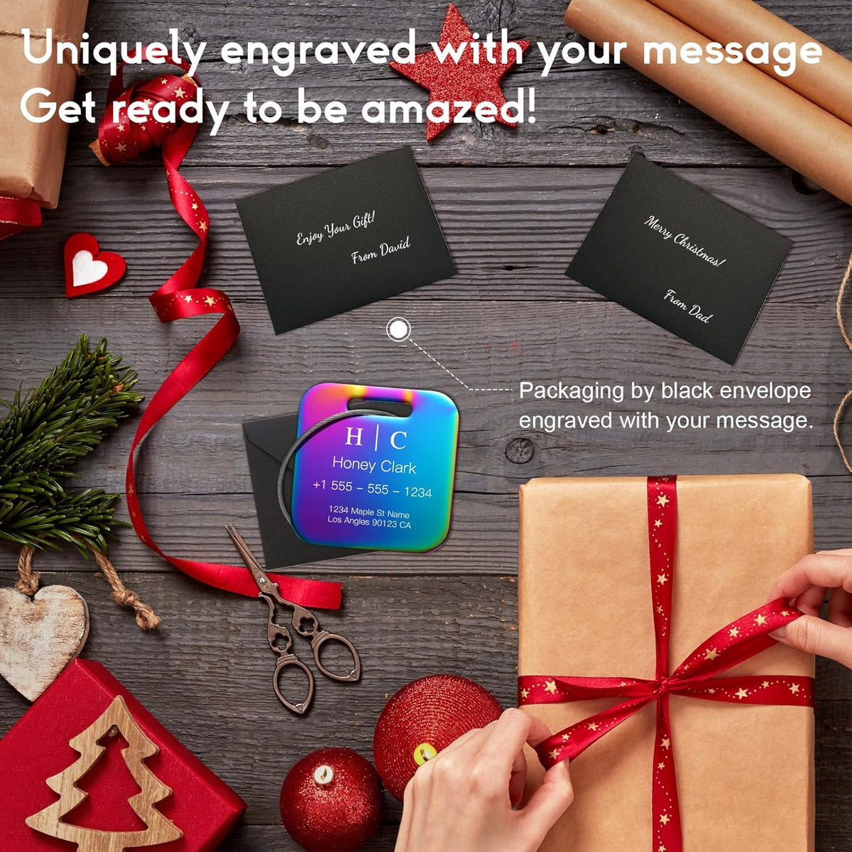 Stainless Luggage Tags for Suitcases 4 Pack: Metal Personalized Luggage Tags for Backpacks & Bags with Customizable Texts (Rainbow)