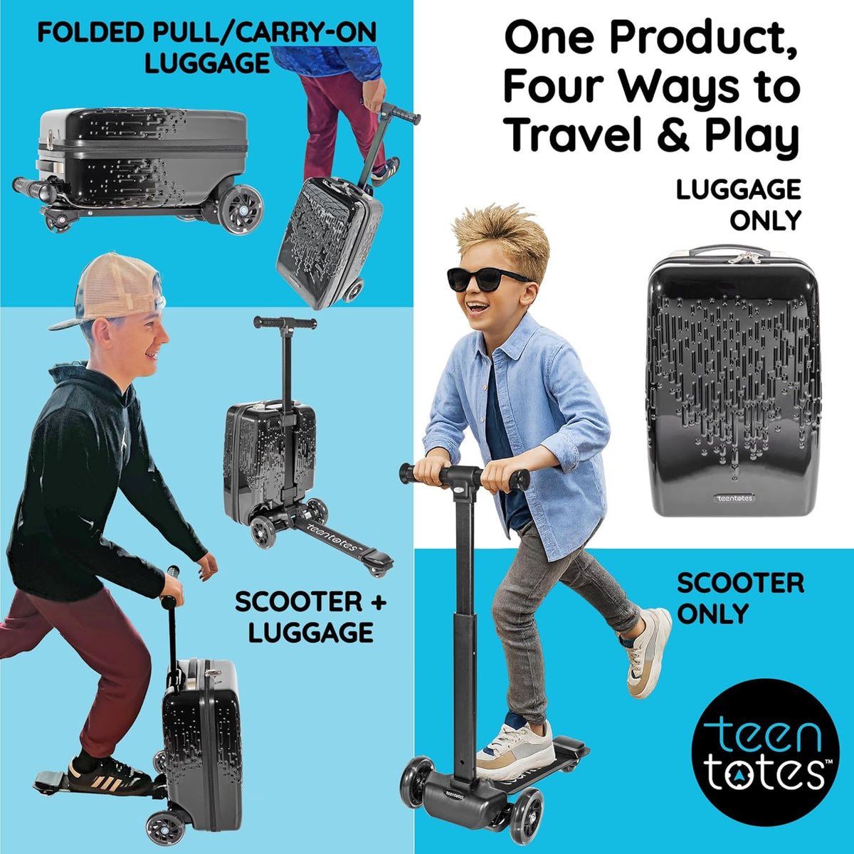 Teen Totes Detachable 4-in-1 Scooter Luggage for Kids – Ride-On Suitcase with Removable Luggage Body, Adjustable Handlebar, Durable Deck & Brake, Carry-On Size – Travel & Play