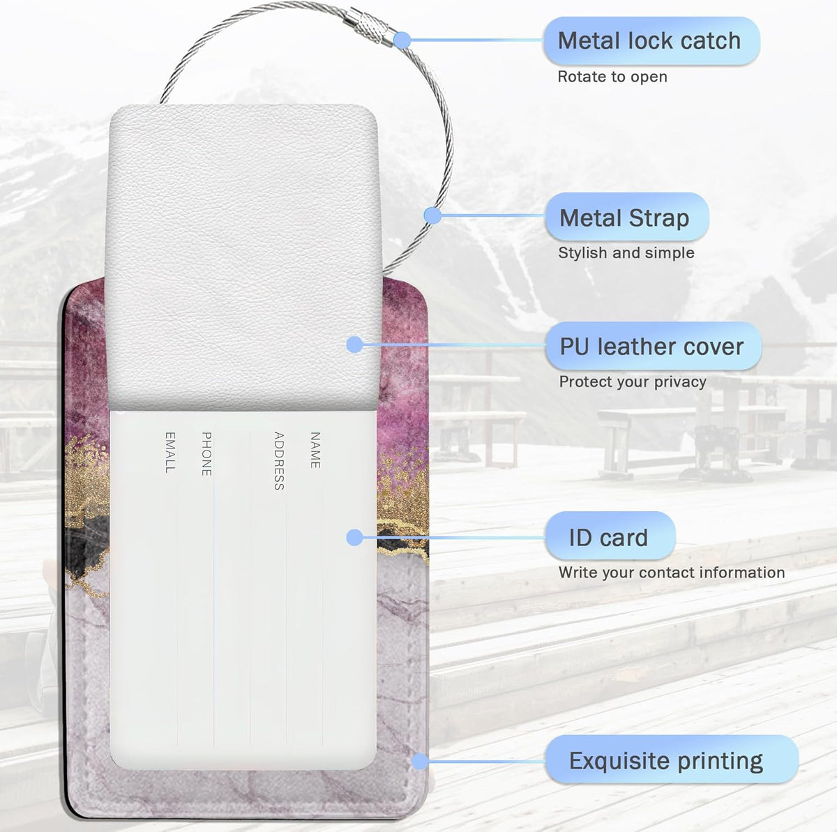 Gold Blue Pink Marble Abstract Luggage Tags,2 Pack Luggage Tag,Leather Privacy Cover ID Label with Stainless Steel Loop for Women Men Kids Girls Travel