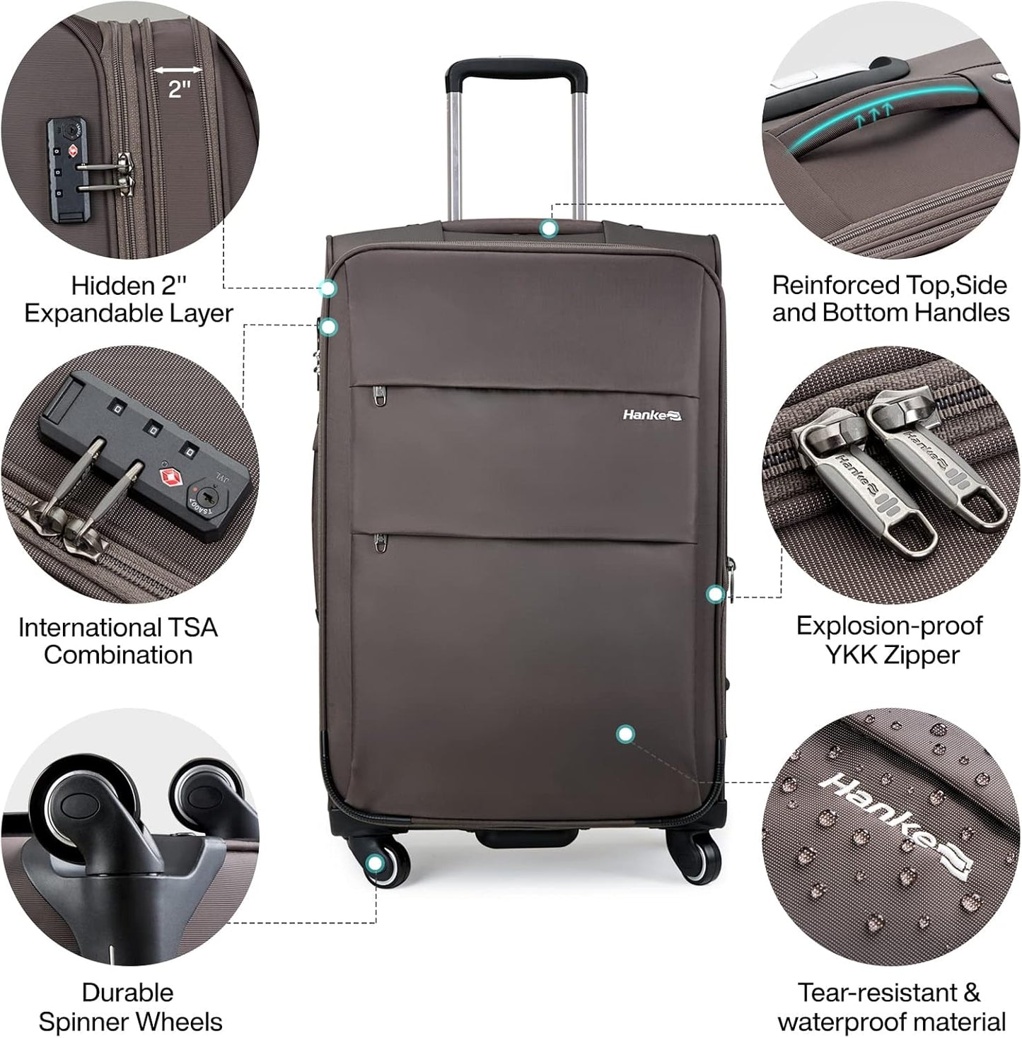 Hanke 20 Inch Expandable Carry On Luggage 22x14x9 Airline Approved Softside Suitcases with Wheels Lightweight Travel Luggage Rolling Suitcase with Lock for Men and Women.(Coffee)