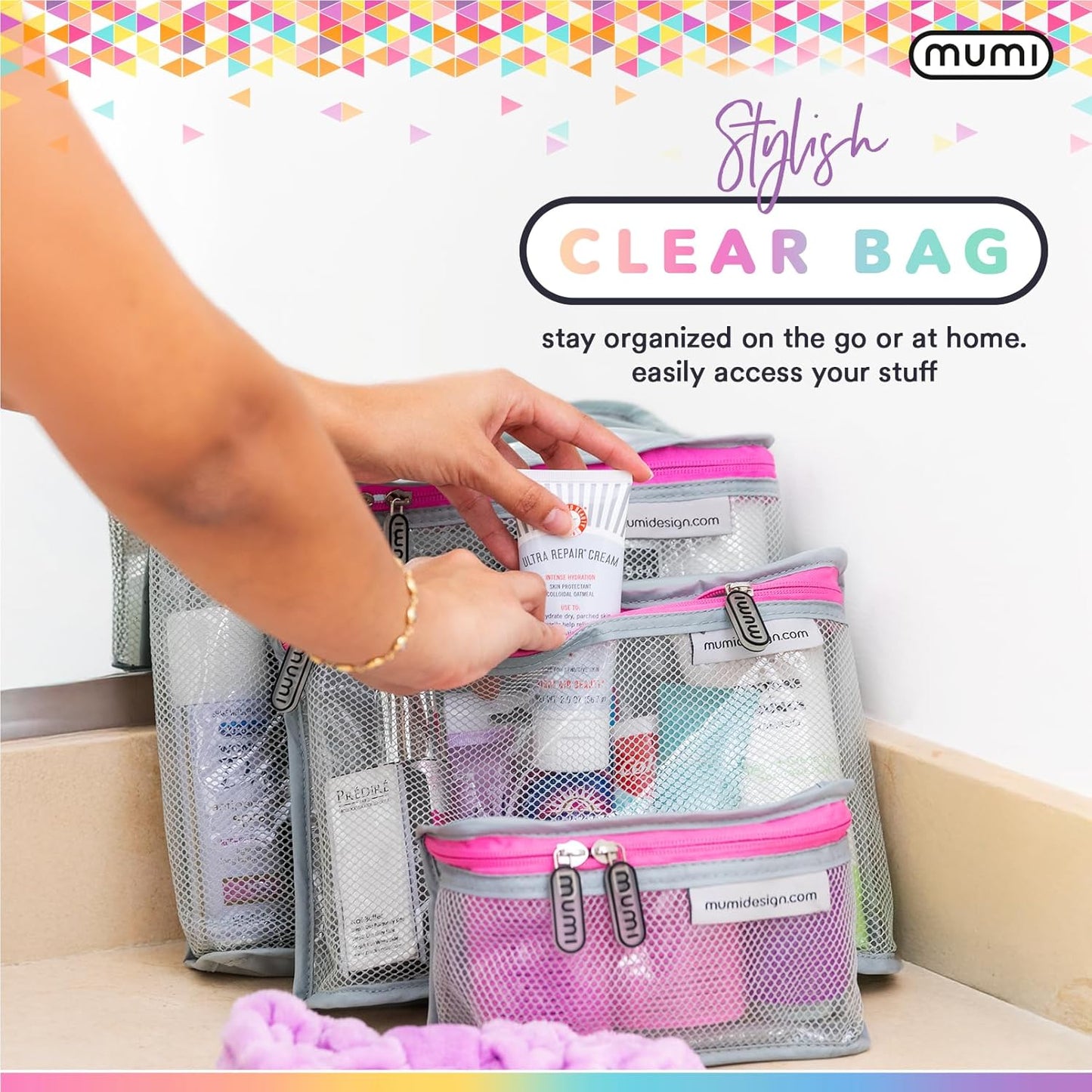 MUMI Travel Toiletry Bag Set of 3 – Clear TSA Approved Toiletry Bags for Women – Reusable Water-Resistant Makeup Organizer Pouches for Skincare, Cosmetics, Travel Accessories, Airport Packing - Yellow