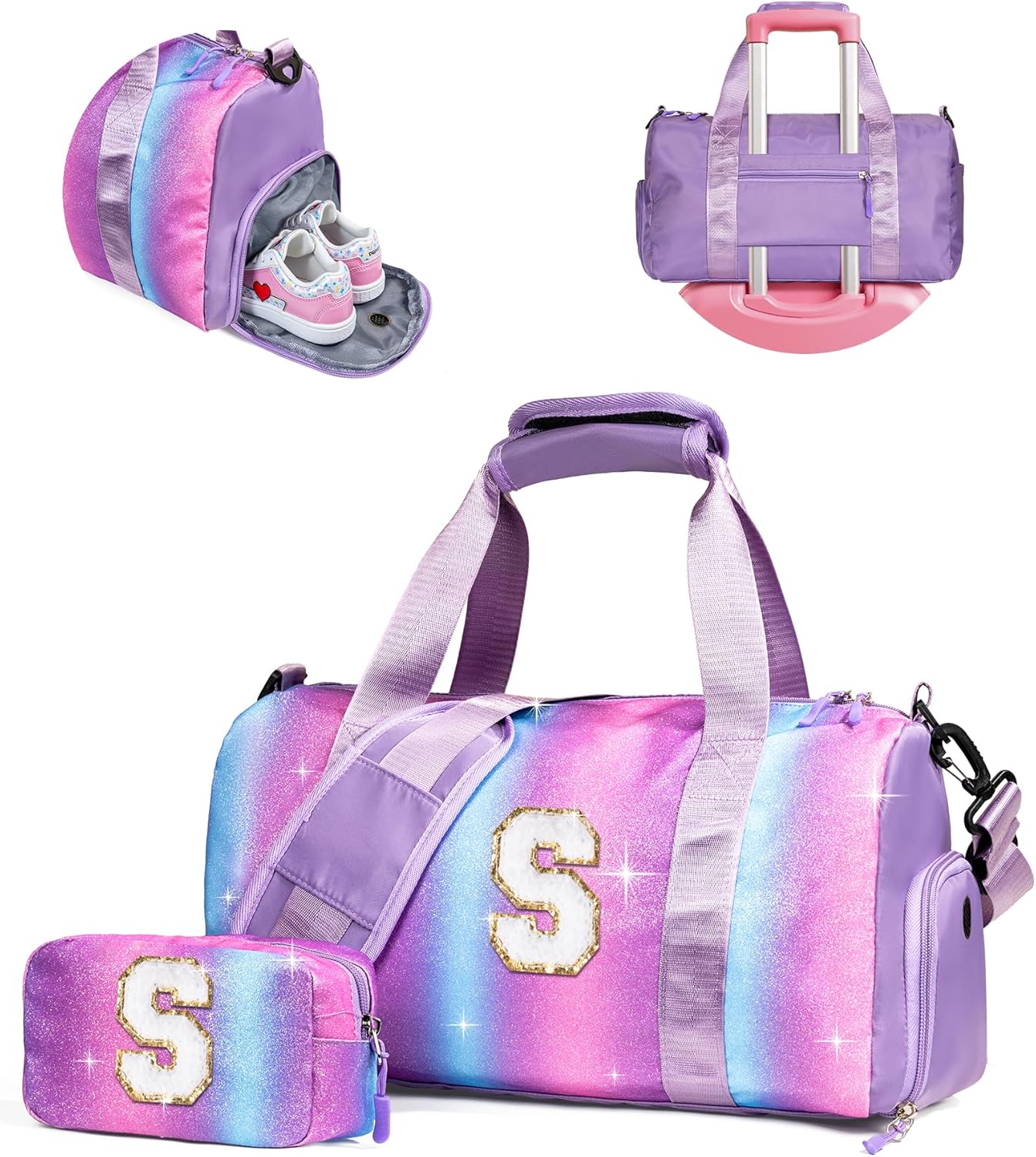 Cool Stuff for Teen-Girl Gym Bag with Shoe Compartment, Kid Personalized Weekender Ballet Bags, Initial Travel Tote with Makeup Pouch, Gift for 7 8 9 10 11 12 Year Old Girls (Letter S)