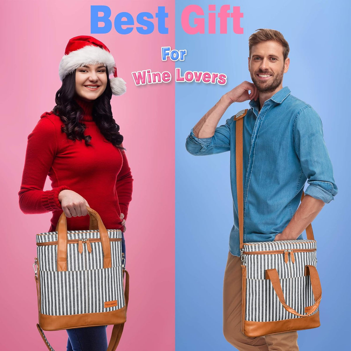 Tirrinia Insulated Wine Gift carrier - 3 Bottle Travel Padded Wine Carry Cooler Tote Bag with Handle and Adjustable Shoulder Strap, Black Stripe