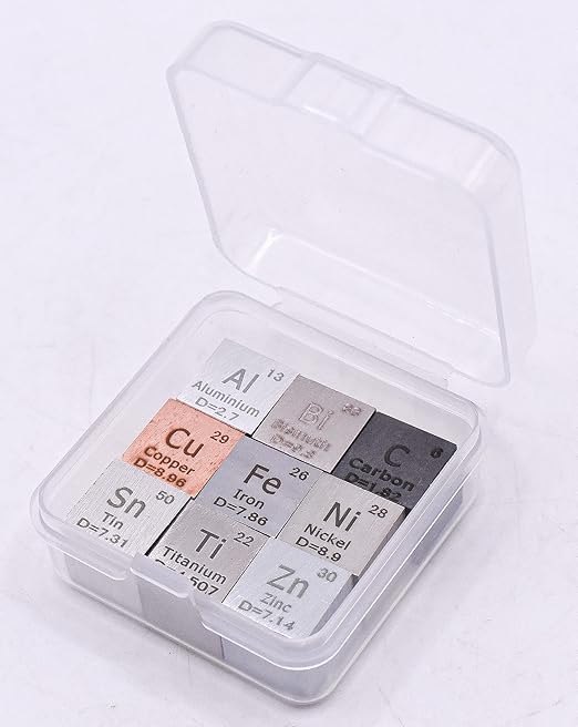 0.39" 10mm 9 Pack Element Cube Set Engraved Density Up to 99.99% Pure Metal Cubes Periodic Table Science Education Collection - Aluminium Bismuth Carbon Copper Iron Nickel Zinc Titanium Tin