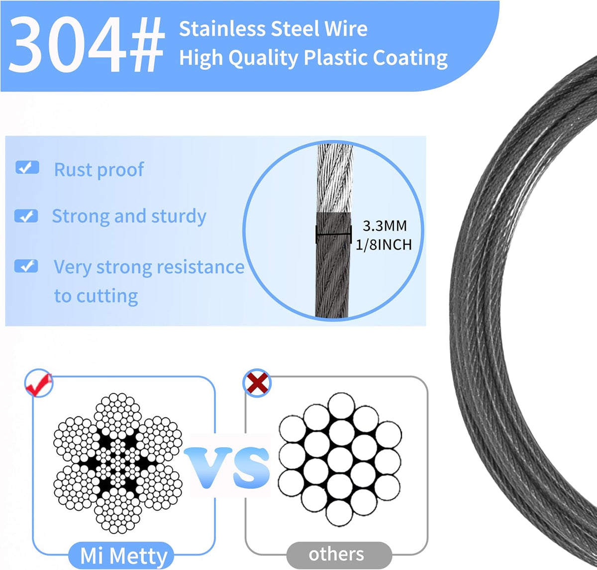 3.3mm (1/8 Inch) Outdoor Travel Stainless Steel Security Cable-10ft Luggage Lock Safety Wire Flexible Steel Wire Rope with Double Loop Safety for Luggage, Bike, Lock (Black, 10ft-(1Pack)