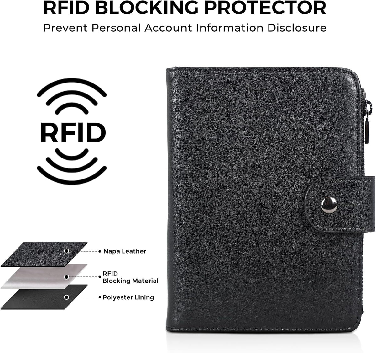 Polare Napa Leather Travel Passport Holder with YKK Zipper Pocket Snap Passports Cover RFID Blocking Passport Wallet Holders 2 Passports (Black with Zipper Pocket)