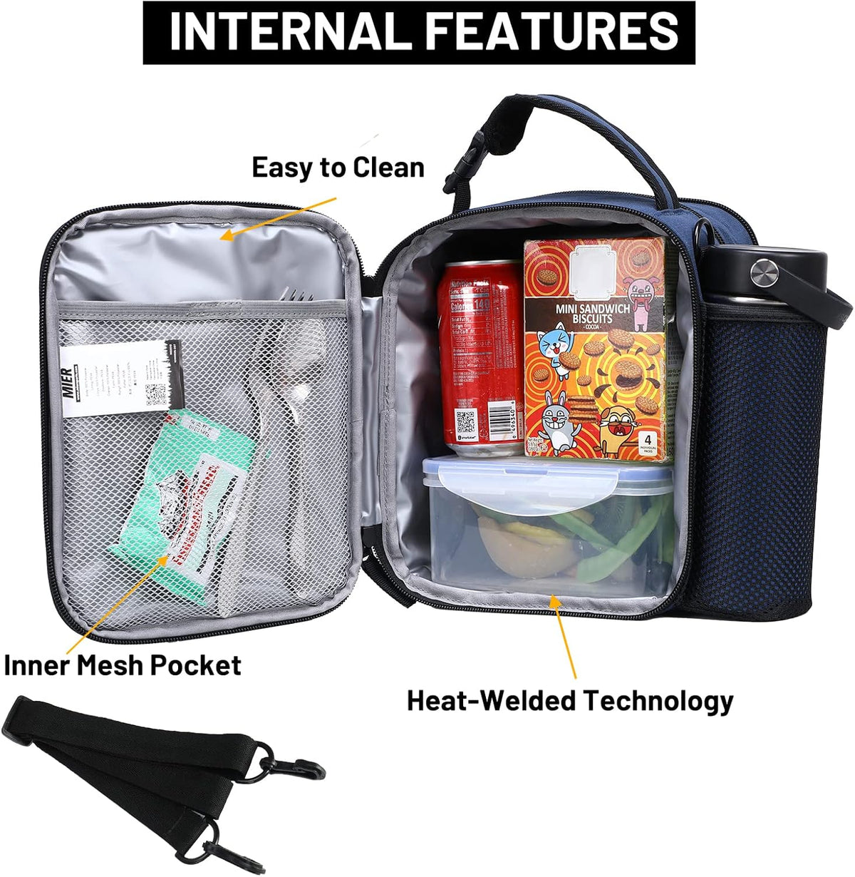 MIER Expandable Lunch Bag Insulated Lunch Box for Men to Work Travel Portable Lunchbox Bags with Shoulder Strap and Water Bottle Holder(Navy/Grey)