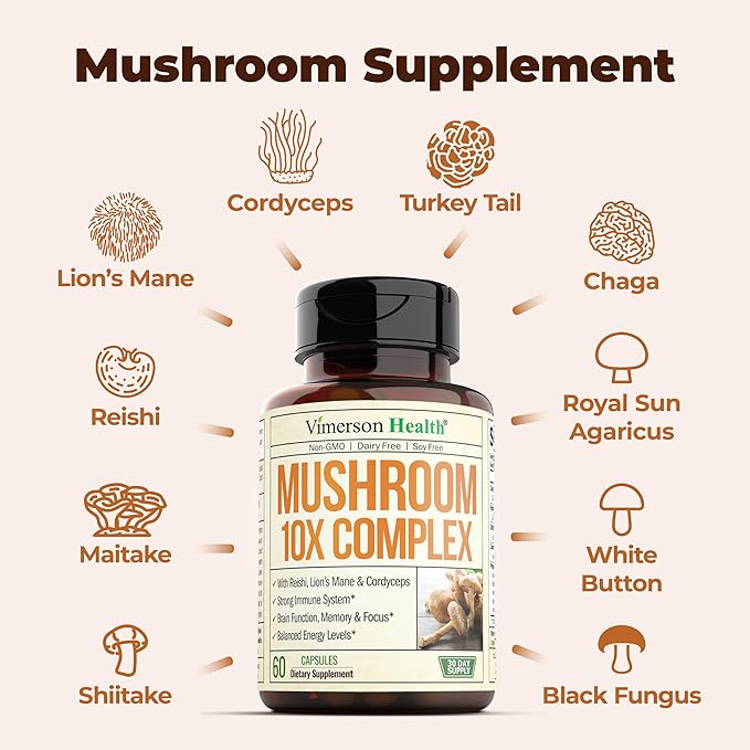 10-in-1 Mushroom Powder Supplement - Lion’s Mane Powder, Reishi Mushroom, Cordyceps, Chaga & more. Mushroom Complex Capsules for Memory, Focus, Immune Support, Energy. 60 Turkey Tail Mushroom Capsules