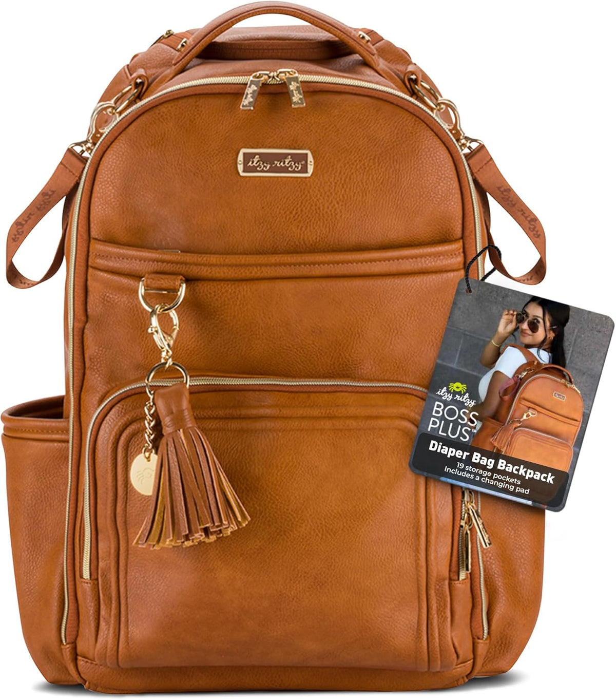 Itzy Ritzy Diaper Bag Backpack – Large Capacity Boss Plus Baby Backpack Diaper Bag Featuring 19 Pockets, Changing Pad, Stroller Clips, and Comfortable Straps (Cognac)