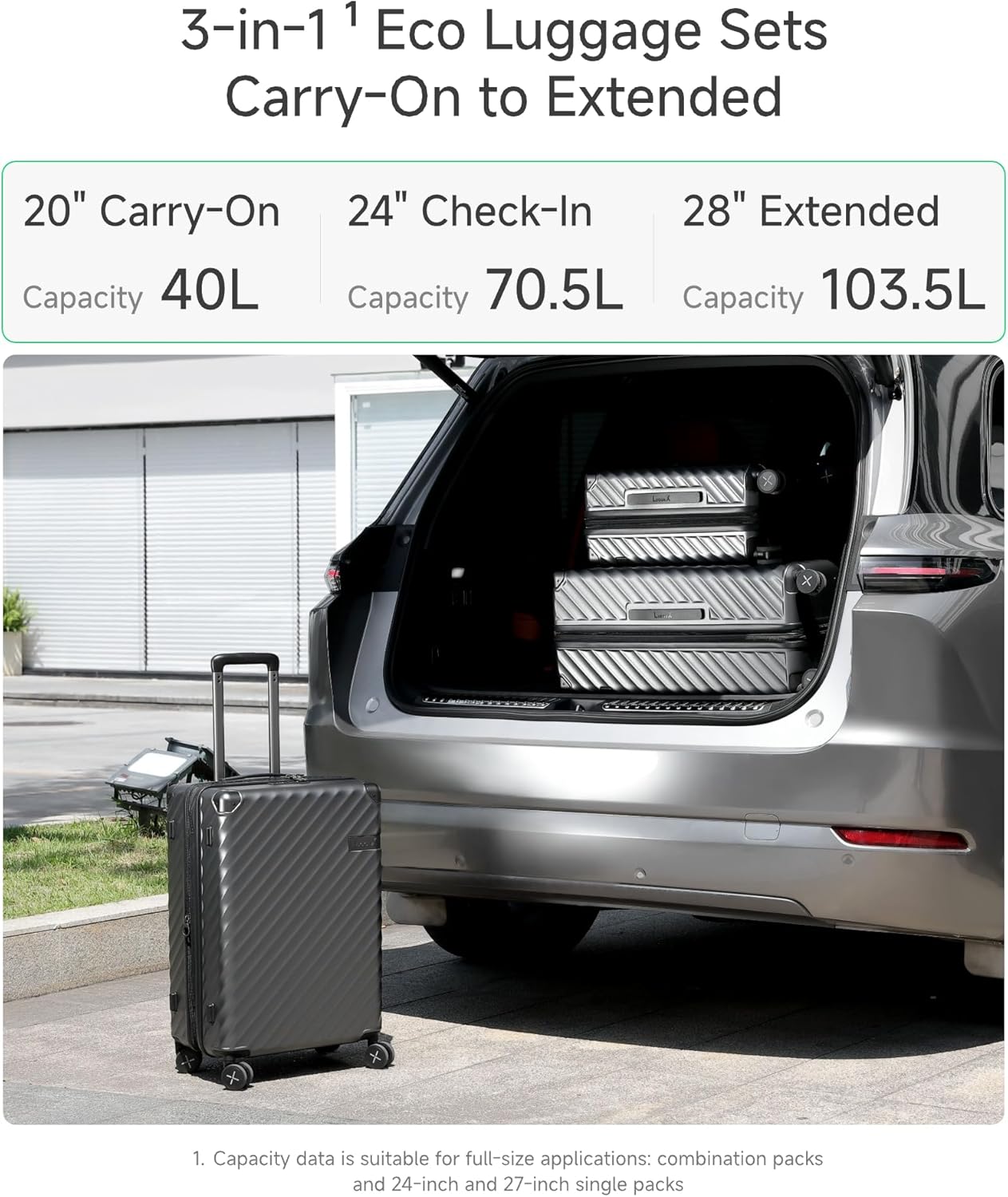 LUGGEX Luggage with Spinner Wheels, Polycarbonate Expandable Hard Shell Suitcase, Checked Medium 24 Inch, Charcoal Metallic