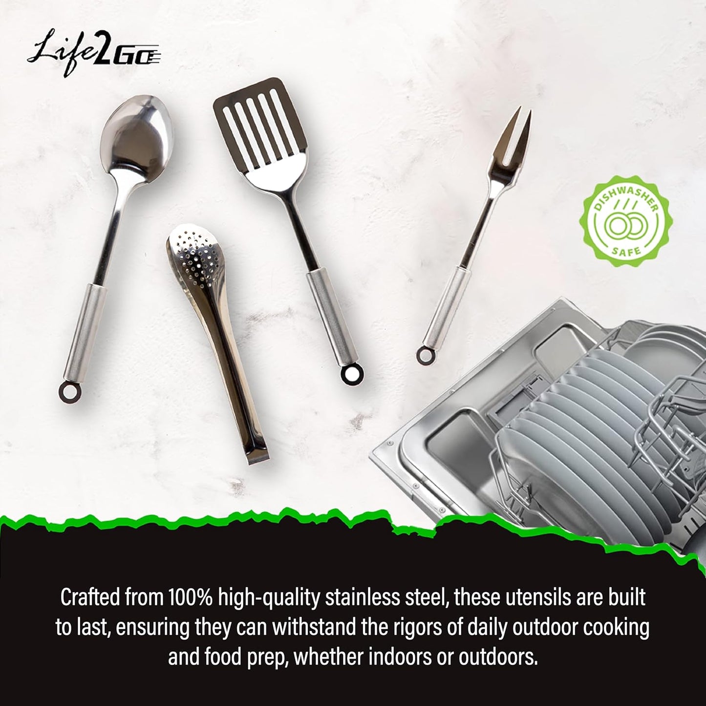 12 Pcs Camp Cooking Utensil Set & Outdoor Kitchen Gear Cookware Kit, Portable Compact Carry Case for Camping, Hiking, Travel, BBQ Grilling Stainless Steel Accessories Spoon & Fork, Navy